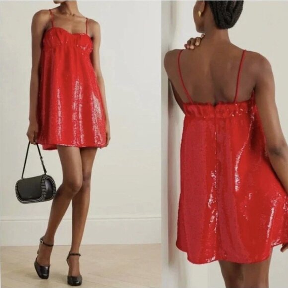 Ganni Ruffle Trim Red Sequin Babydoll Mini Dress - Picture 2 of 4